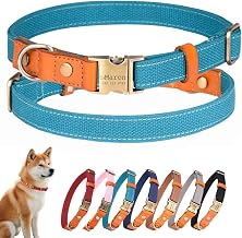 Dog Collar, Name Printed, Phone Number, Lost Tag Included, Nylon + Genuine Leather, Dog Collar, Breathable, Lightweight, Soft, Adjustable, Small, Medium, Large Dogs, Free Engraving, ID Tag, Stylish
