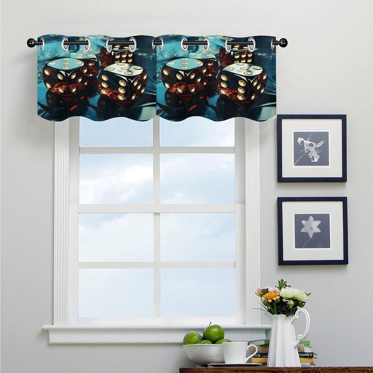 Dice Graphics Curtain 2 Panels, Polyester Fiber, Blackout Insulated Window Curtain, Curtain Valance for Kitchen Dining Room Living Room Cafe Small Window 52 * 18.1 Inches