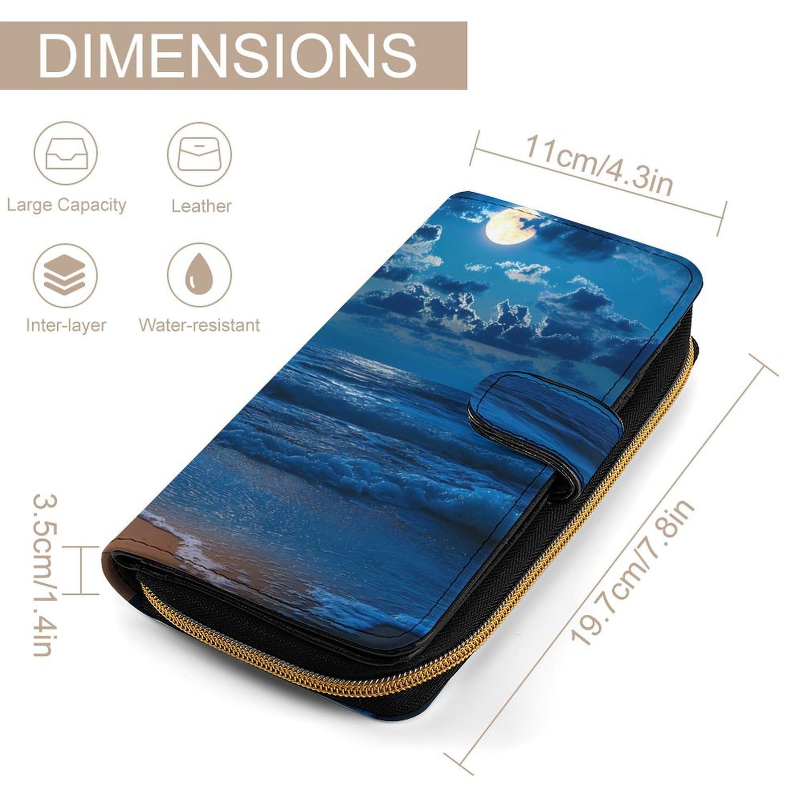 Lamp Moon And Beach Print Long Wallet PU Leather Credit Card Holder Durable Zippered Purse Clutch Wallet