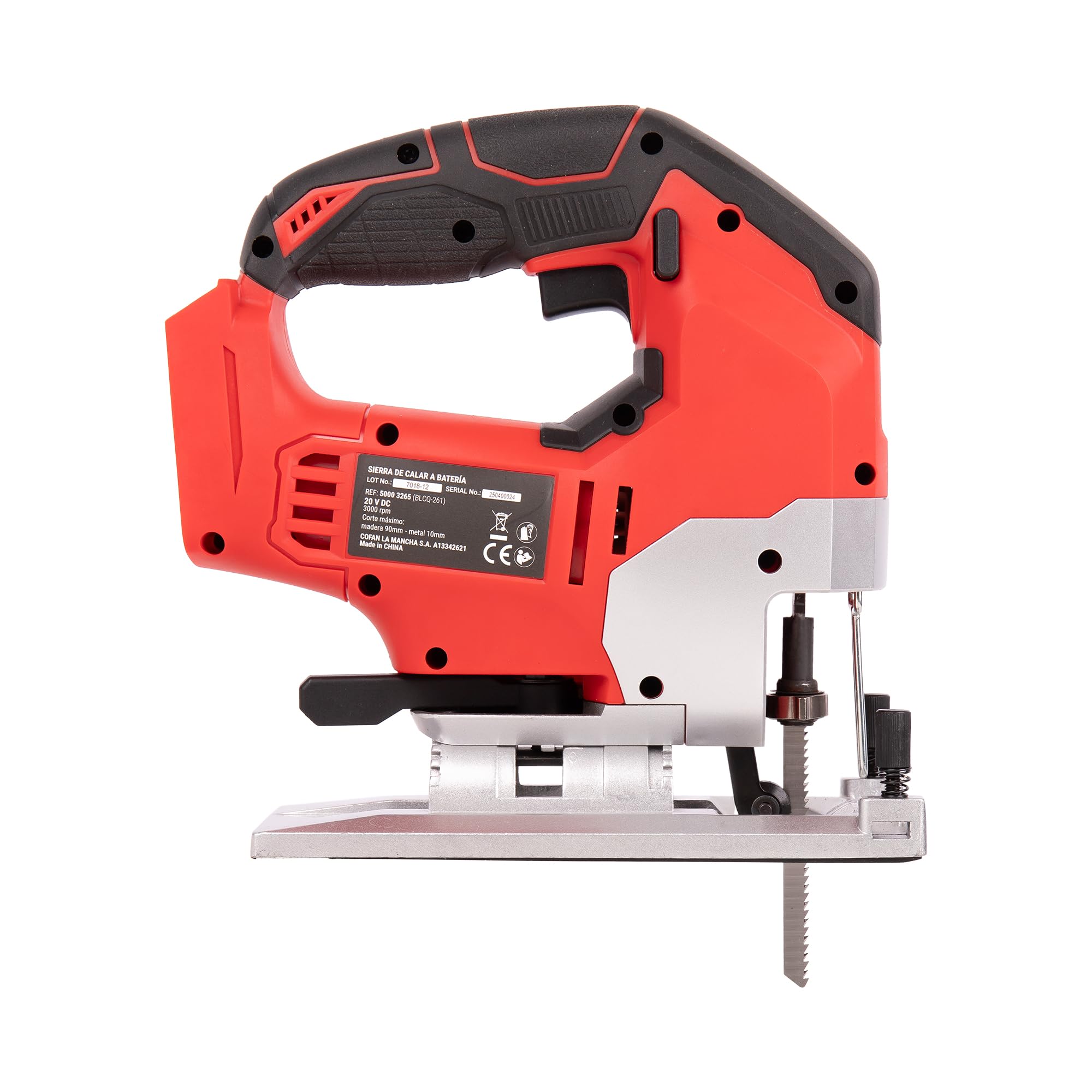 Cofan Sierra de calar a batería | Potencia: 20 V | Motor sin escobillas | Velocidad variable 0–3000 rpm | Acción pendular | Corte inclinado ±45° | Batería y cargador no incluidos
