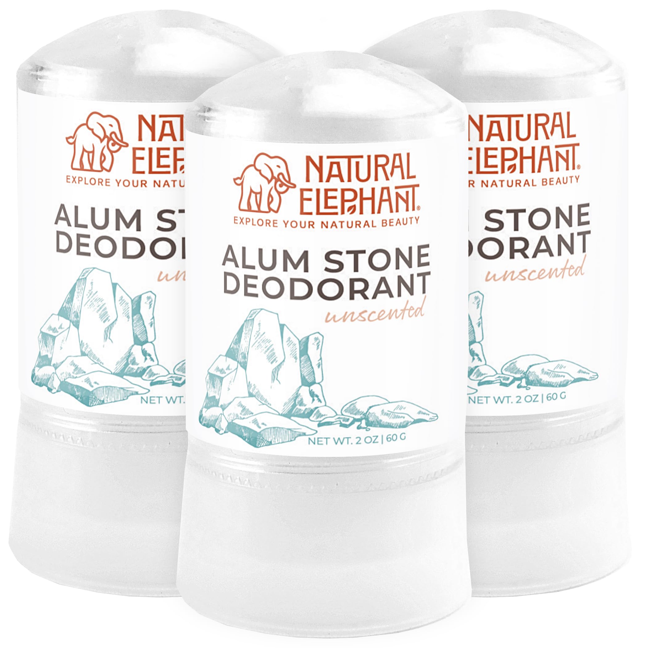 Alum Stone Deodorant Stick 60g (2 oz) Natural Unscented Aluminum Free Salt Stone for Men and Women (3 Pack)