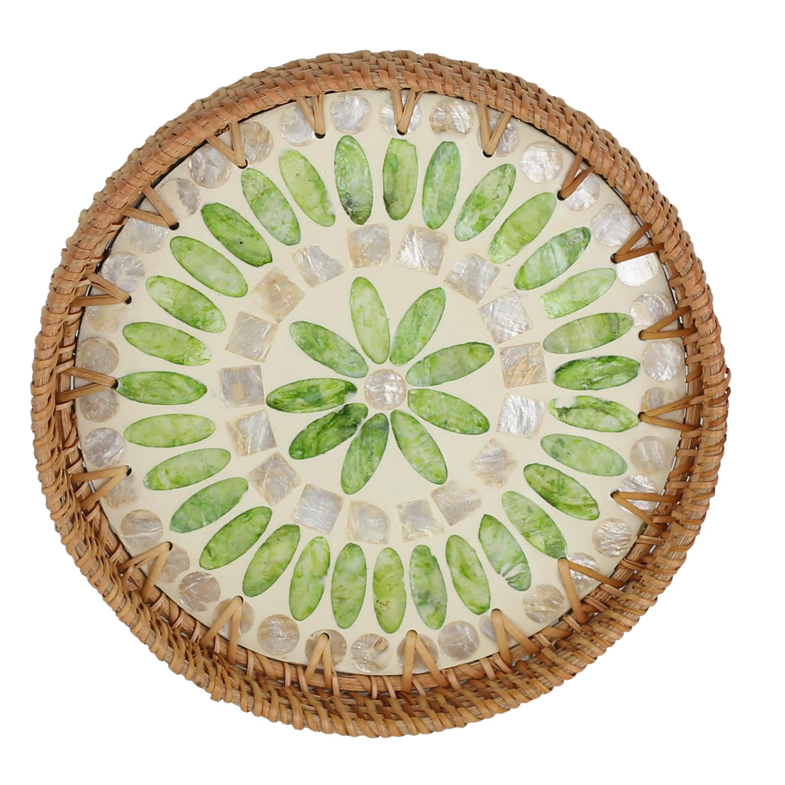Natural woven rattan round storage tray, inlaid with mother-of-pearl, handcrafted tray suitable for snacks, bread, breakfast, etc., eco-friendly home and tabletop decoration