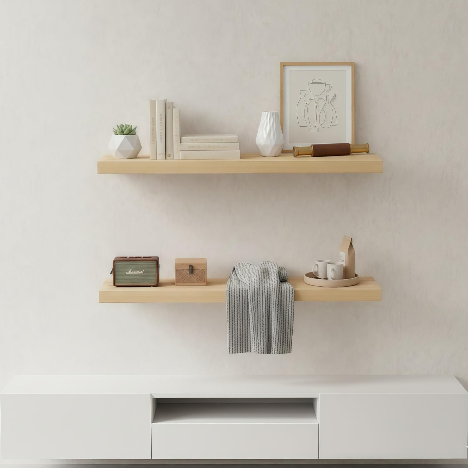 lufia floating wall shelves, set of 2, mdf with invisible brackets, modern storage for bedroom, bathroom, living room, kitchen (oak, 28" w x 7" d x 1.5" h?) oak 28" w x 7" d x 1.5" h (2 pieces)