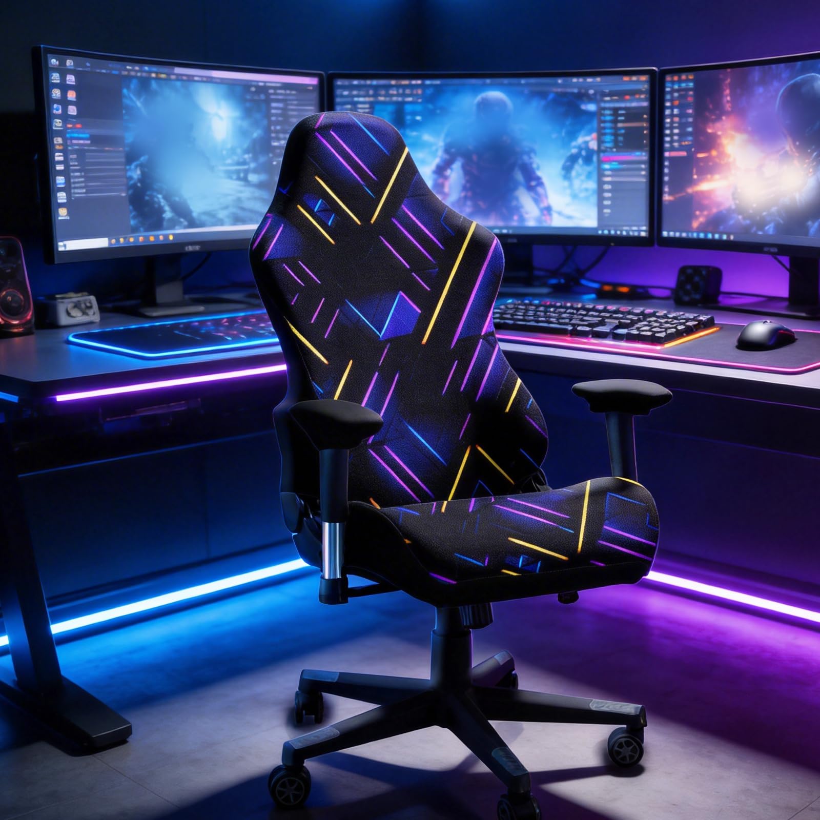 Gaming Stuhl Bezug Waschbar, Stuhlhussen mit Armlehnen Dehnbare Abnehmbar Stuhlhussen für Gamingstuhl, Computerstuhl, Gaming Setup Deko(Gaming Motif A)