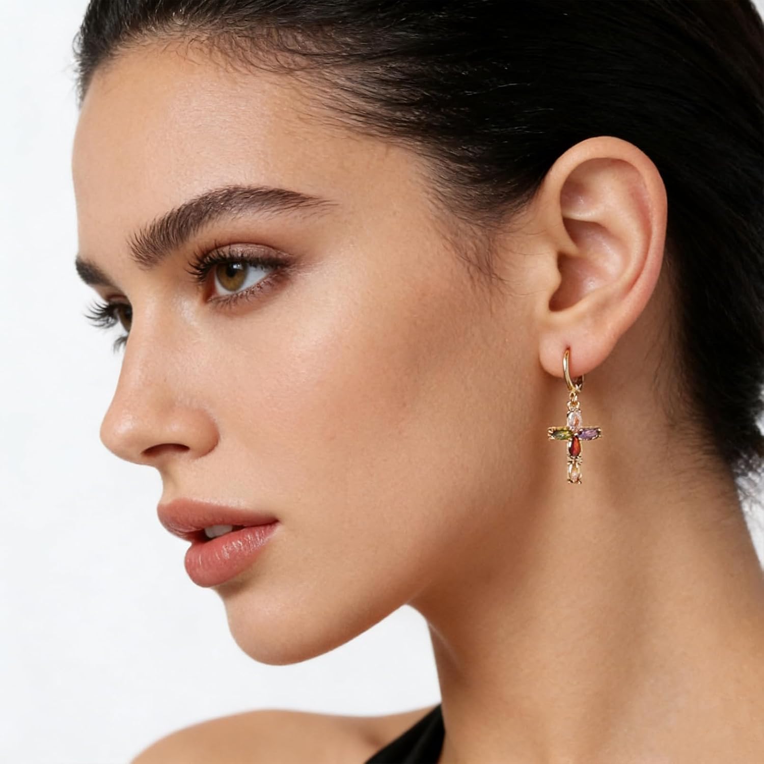 HZMAN Cross Earring for Women 14K Gold Plated Hypoallergenic Dangle Hoop Earrings Dainty Crystal Cubic Zirconia Earrings - Image 2