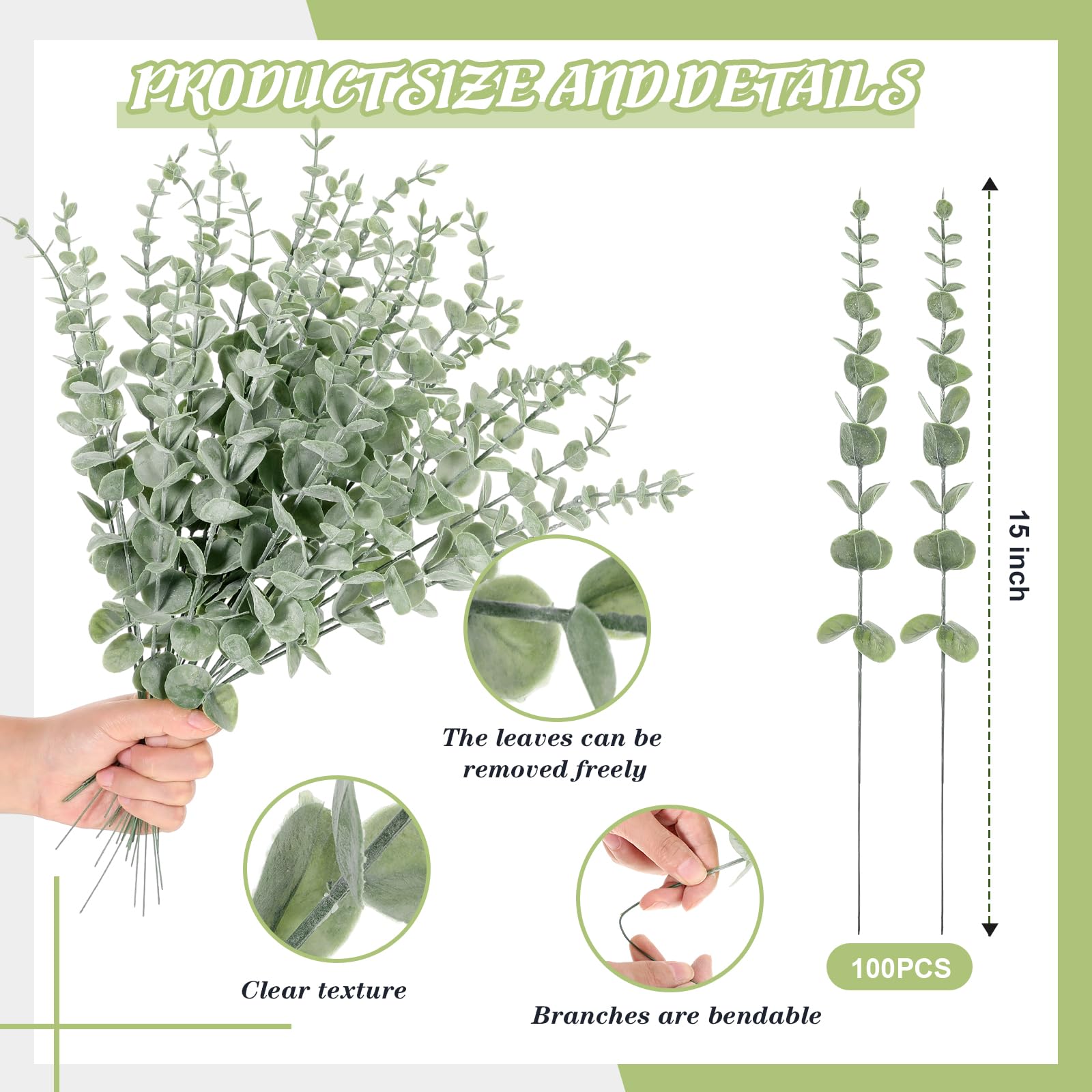 Lot de 100 tiges d'eucalyptus artificielles pour décoration de Mariage, Centre de Table, Bouquet de Fleurs, décoration d'intérieur (Vert Clair)