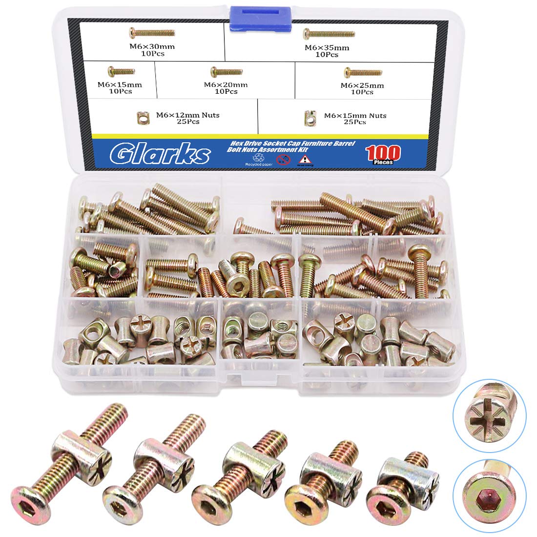 Glarks 100Pcs Zinc Plated M6x15/20/25/30/35mm Hex Socket Head Cap Furniture Screws Bolts and Barrel Nuts Assortment Kit for Furniture Beds Crib Chairs