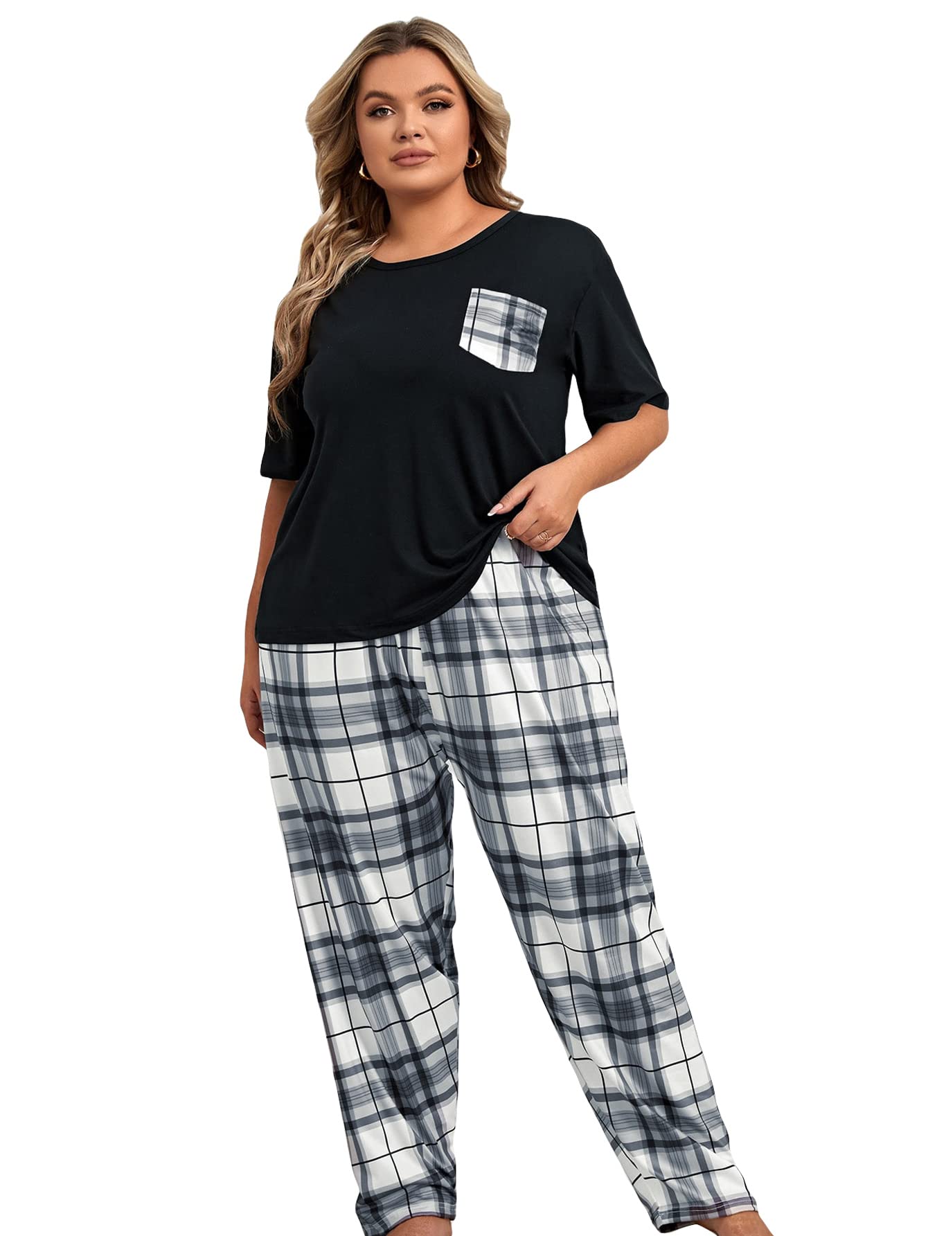 OYOANGLE Women's Plus Size 2 Piece Pajama Set Short Sleeve Shirt with Long Pajama Pant
