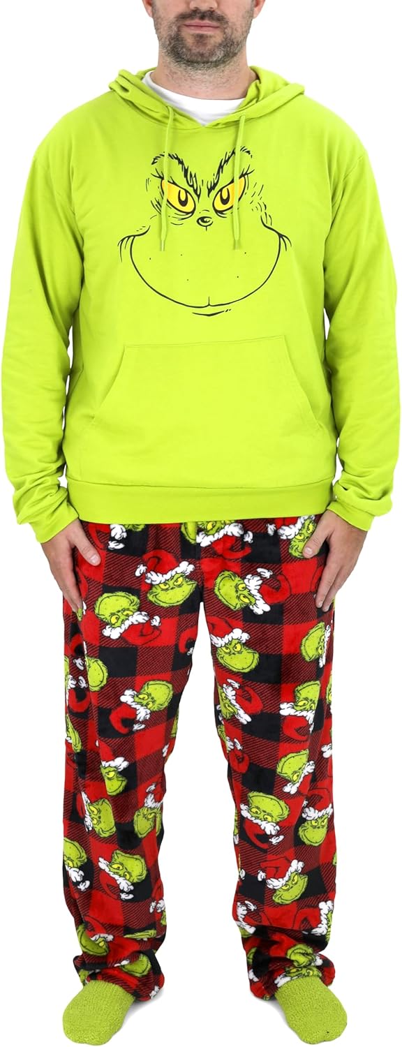 Dr. Seuss the Grinch Pajamas, Movie Night Gift Set for Men & Women, Grinch Pajama Pants, Hooded Sweatshirt, Socks & Blanket