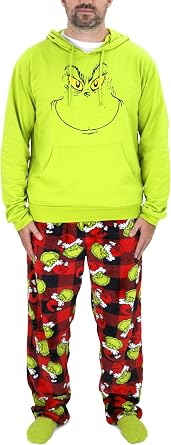 Dr. Seuss the Grinch Pajamas, Movie Night Gift Set for Men & Women, Grinch Pajama Pants, Hooded Sweatshirt, Socks & Blanket