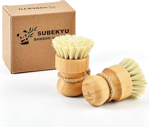 SUBEKYU Juego de 2 cepillos de bambú para cocina, limpiadores de madera para lavar sarténolla, cerdas de sisal natural, juego de 2