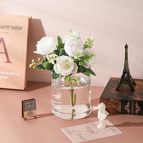 Miniatura 3 de Generic Florero cilíndrico transparente soplado a mano de 5 pulgadas de ancho y 6 pulgadas de alto, jarrón de centro de mesa para rosas, tulipanes,