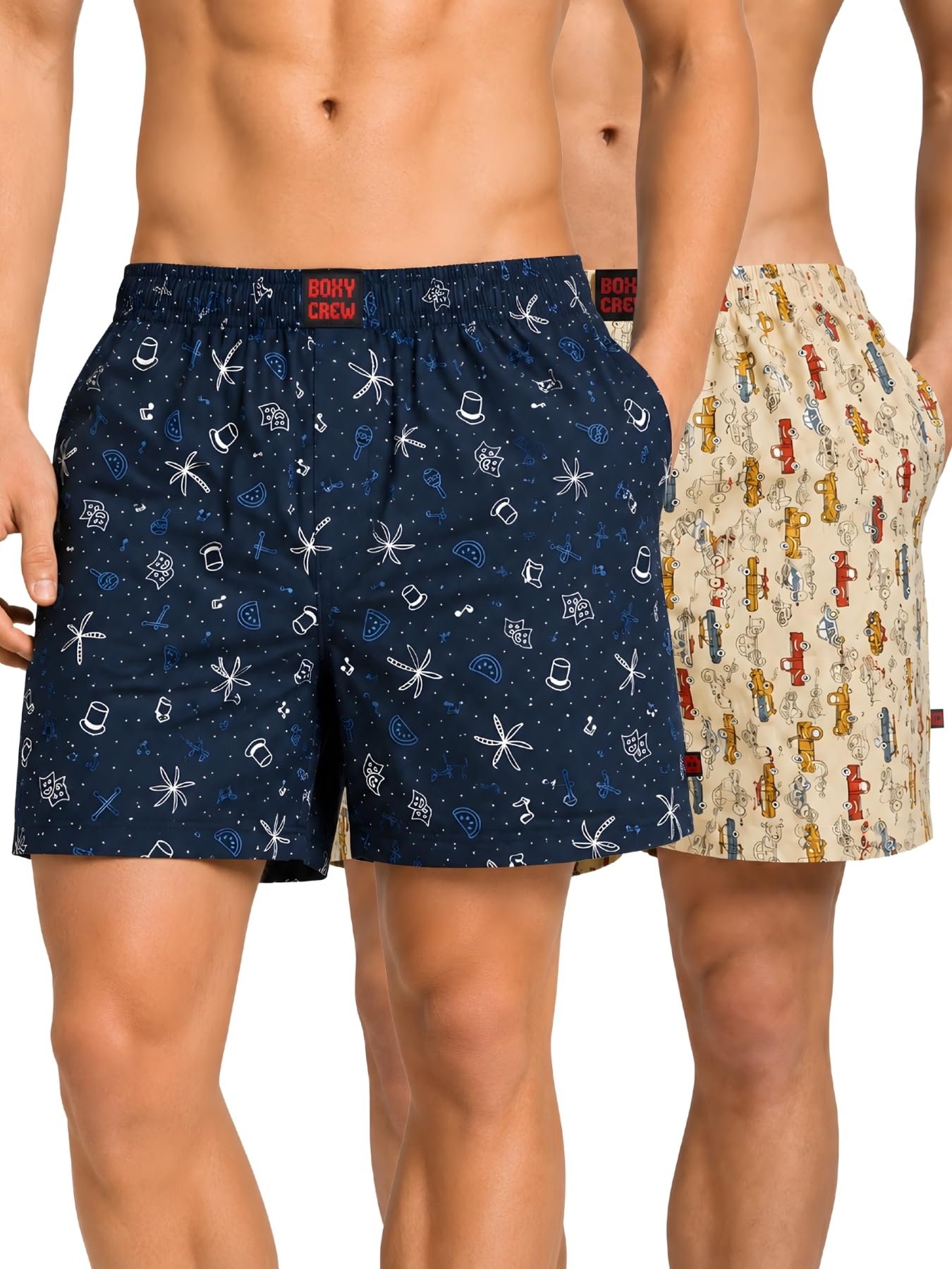 Men Boxer Shorts Pack of 2, 100% Cotton Woven Boxers, Blue & Beige, Printed Designs, Dual Side Pockets, No-Marks Inner Elastic Waistband, Relaxed Fit Lounge & Sleep Shorts-image-27