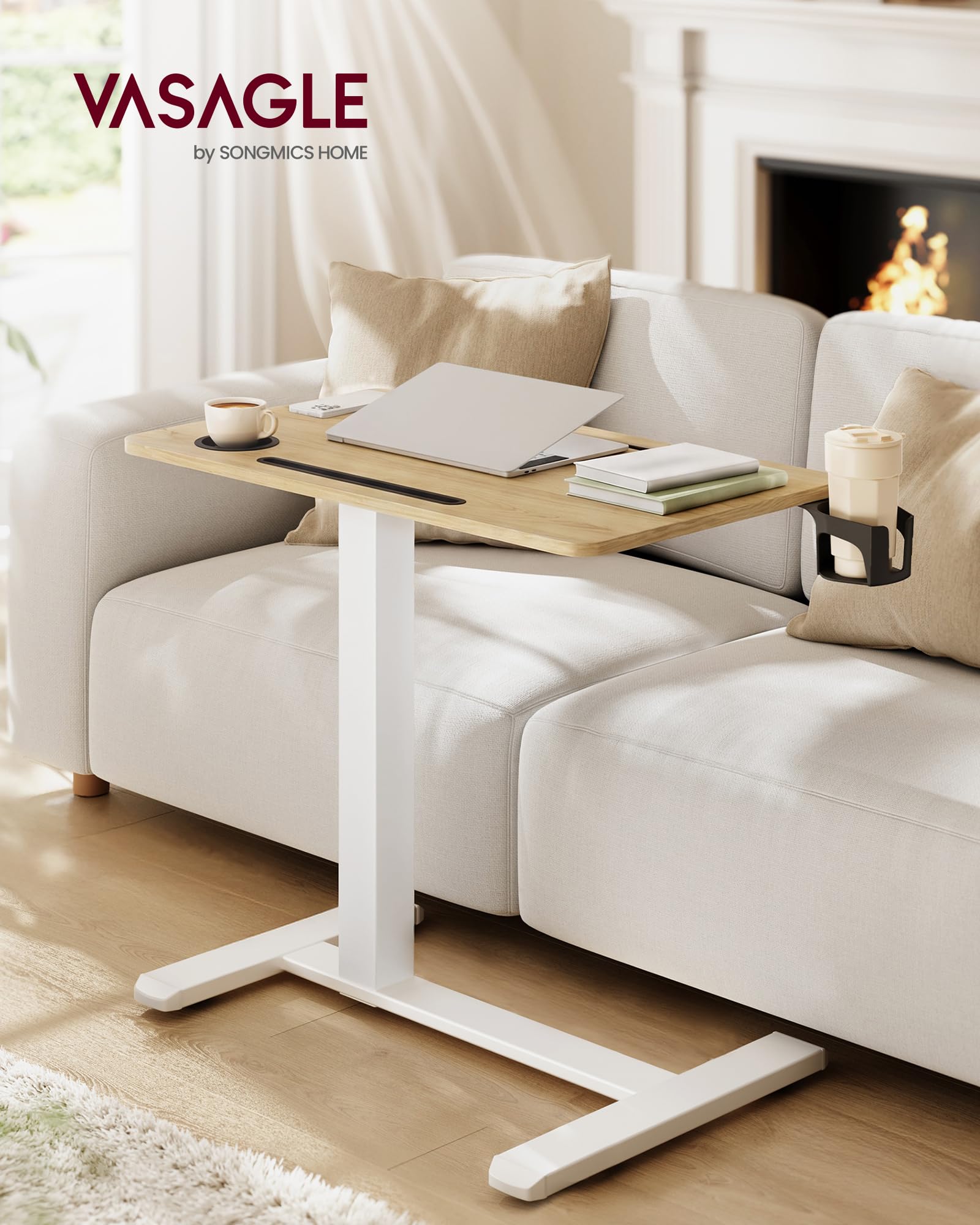 VASAGLE Escritorio con Ruedas, Mesa Auxiliar, Tablero de 70 x 40 cm, Altura Ajustable, 2 Portavasos, Ranura para Teléfono Móvil o Tableta, Roble Dorado y Blanco Mate LSD600YA01