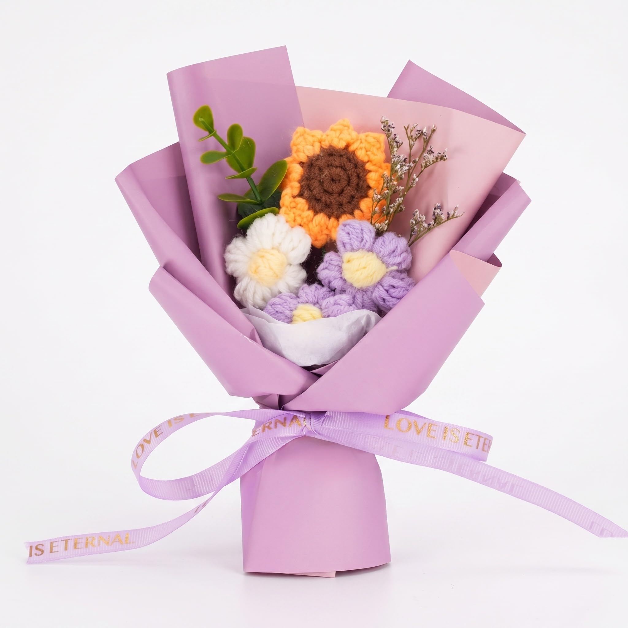 Handmade Crochet Sunflower Bouquet, Knitted Artificial Flowers with Green Foliage, Everlasting Floral Arrangement for Home Decor, Wedding, Gift for Mother Day Birthday Valentine Graduation (purple)