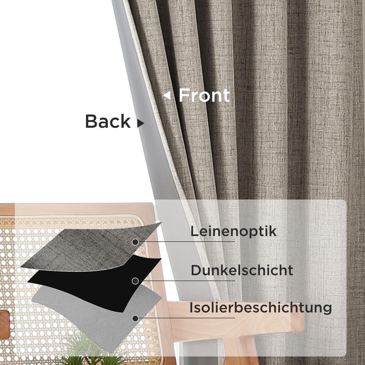 Joydeco 100% Verdunkelungsvorhänge Leinen Gardinen mit Kräuselband 2er Set H183xB132cm Leinen – Bild 3