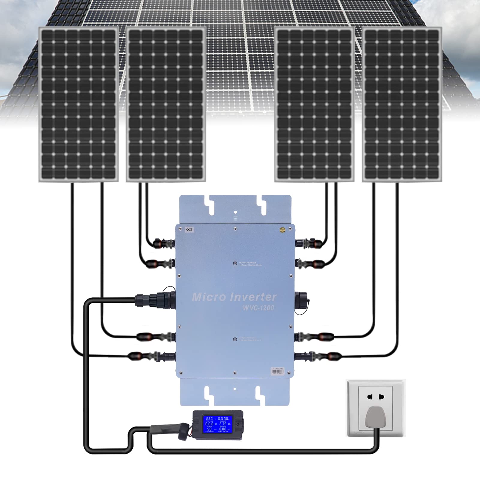 Micro inverter 1200 W, inverter solare con MPPT, efficienza 99,9%, impermeabile, per pannelli solari da 30 V/36 V, display LCD, accoppiato alla rete