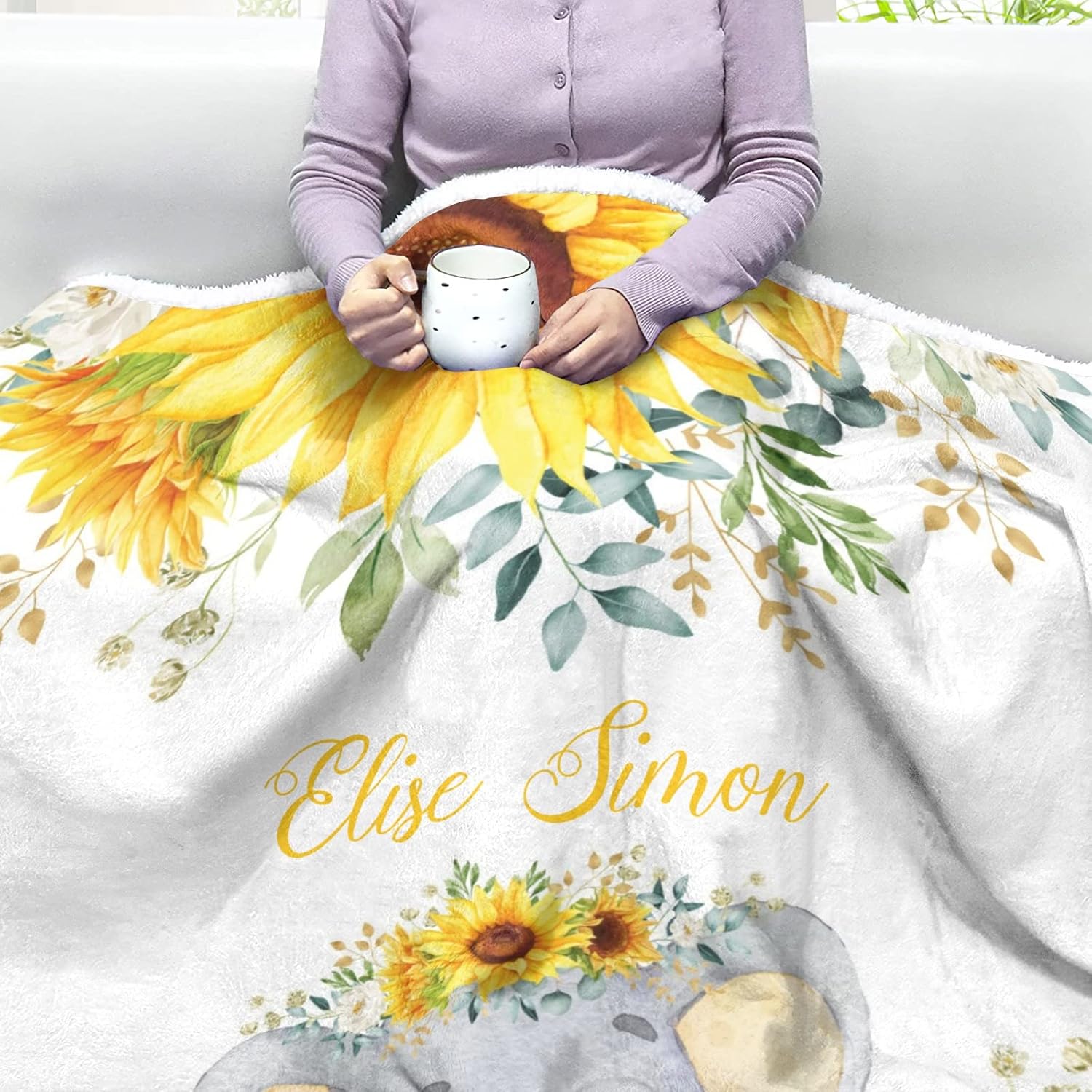 Sunflowers and Elephant Personalized Sherpa Baby Blankets for Boys Girls,Soft Newborn Naps Custom Name Blanket for Shower Gift 30x40 in