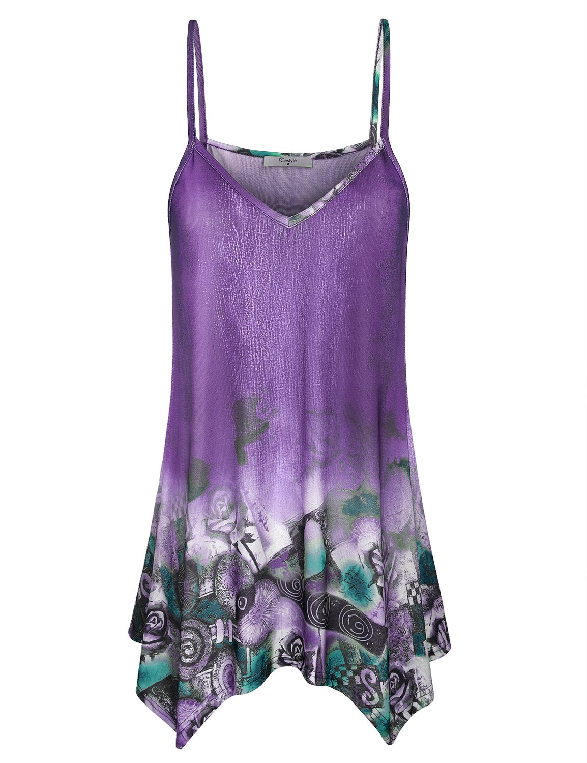 Cestyle Women's V Neck Asymmetrical Hem Tie-Dyed Loose Spaghetti Strap Tank Top