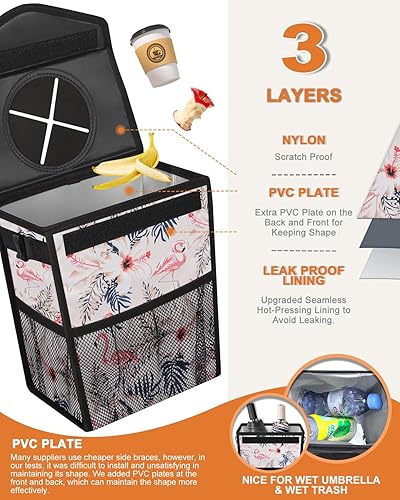 Vista 15 de Bote de basura para automóvil con tapa, bonito cubo de basura a prueba de fugas para colgar el vehículo, pequeño organizador portátil para asientos