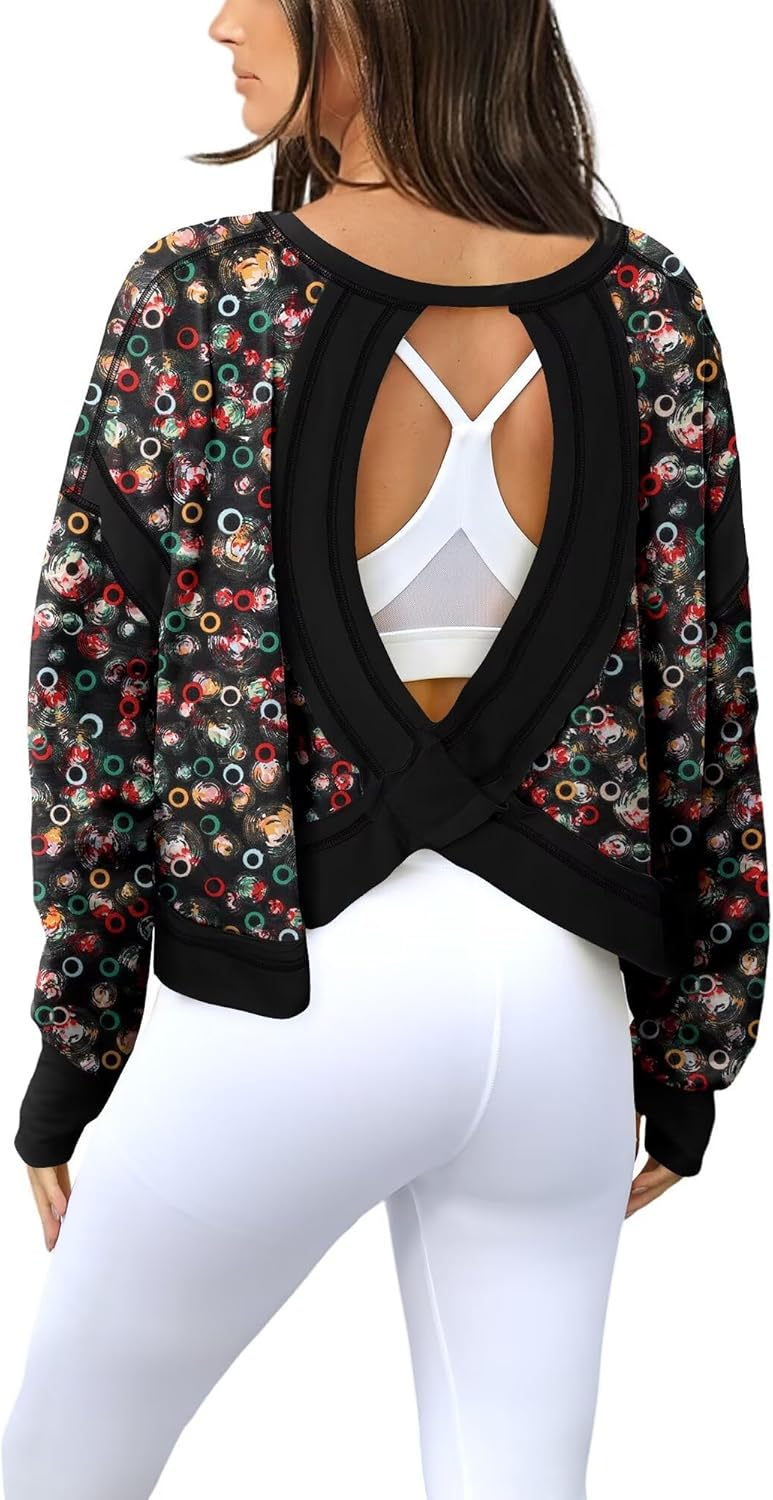Women Long Sleeve Open Back Athletic Shirts Casual Workout Top Yoga Loose Running Tees