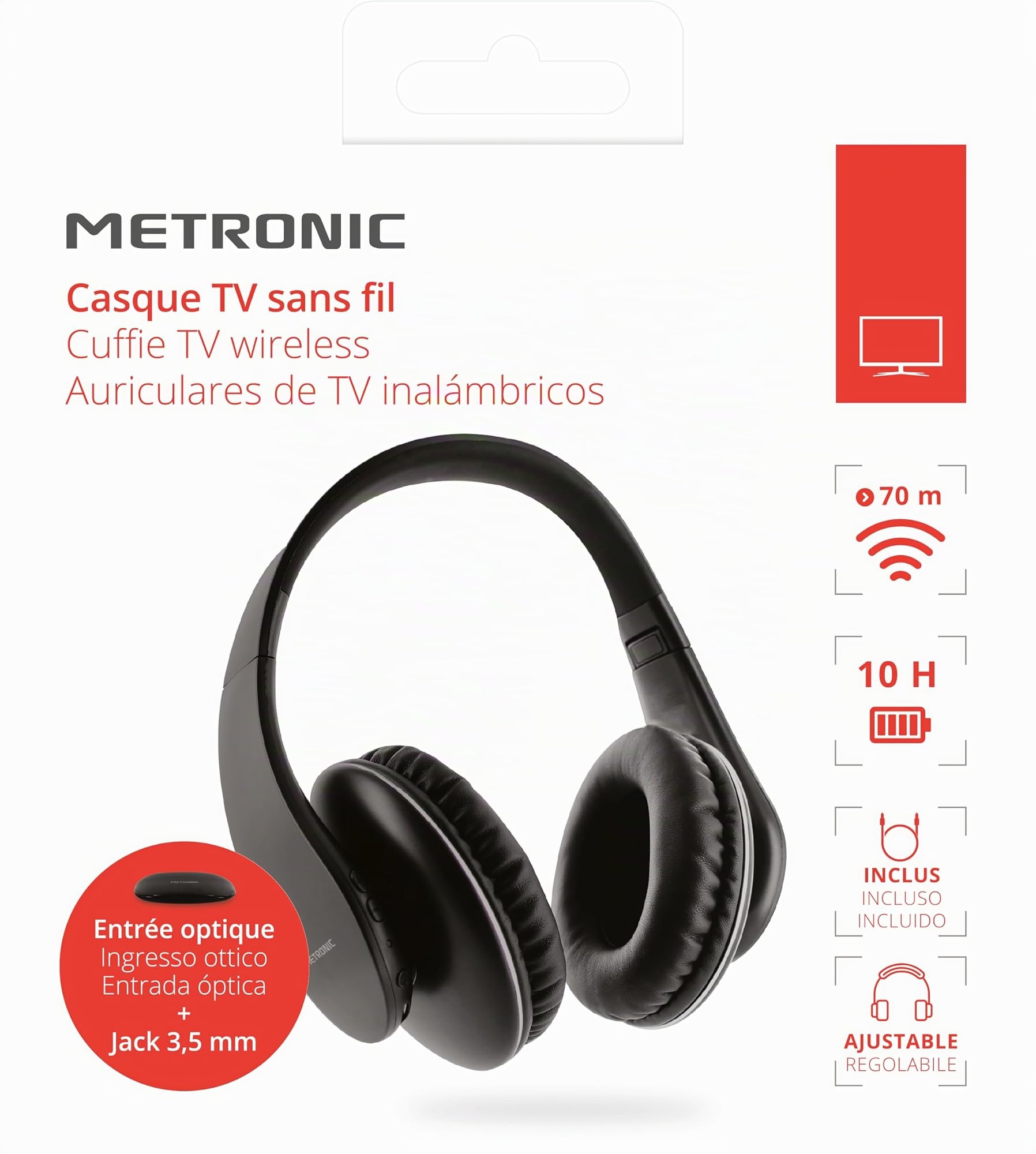 METRONIC Casque TV Stéréo sans Fil, Entrée Optique Numérique, Léger et Ergonomique, Réglage du Volume sur Casque - 480200