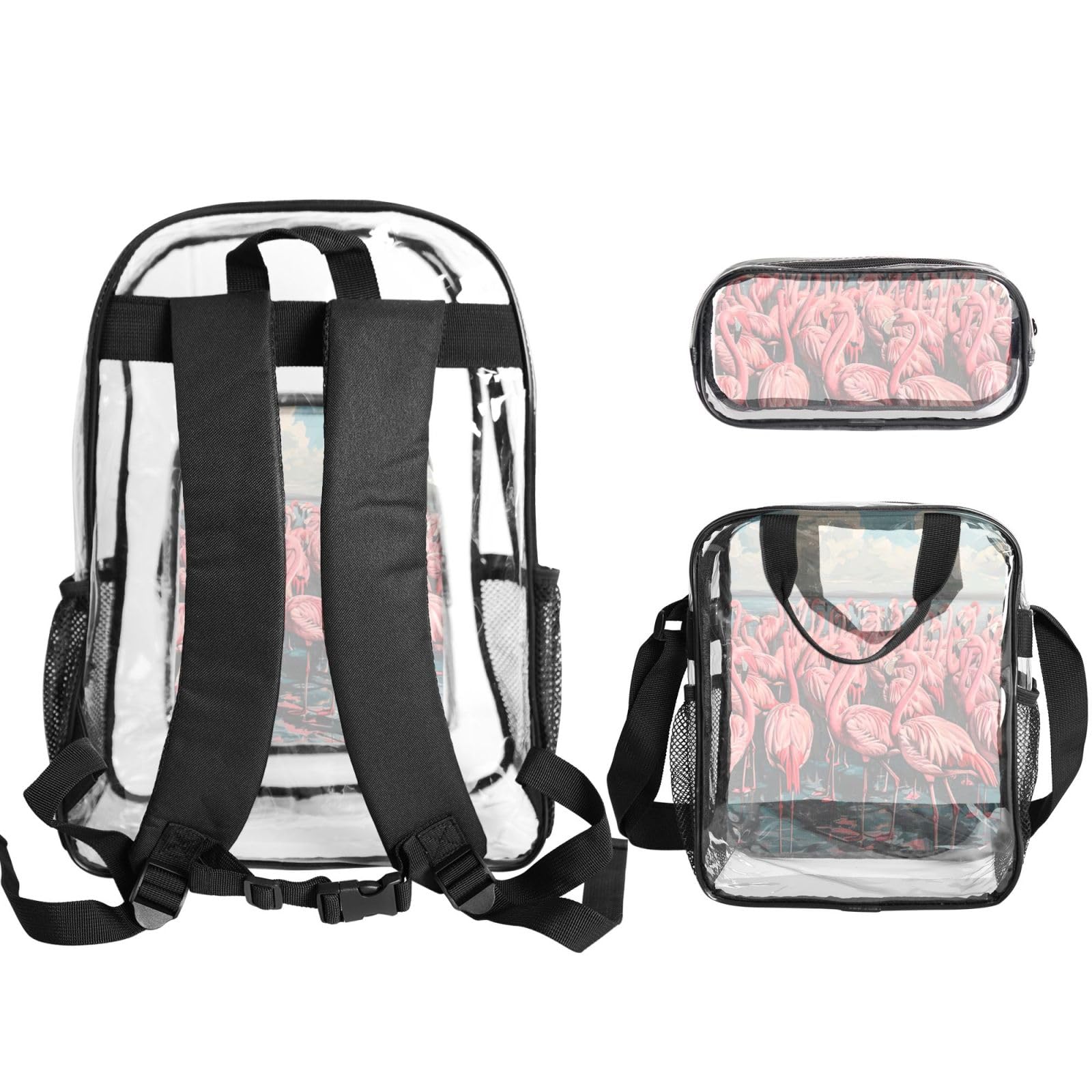 Flamingo Print 3-częściowy przezroczysty plecak zestaw do podróży na świeżym powietrzu przygody wakacje przezroczysta torba