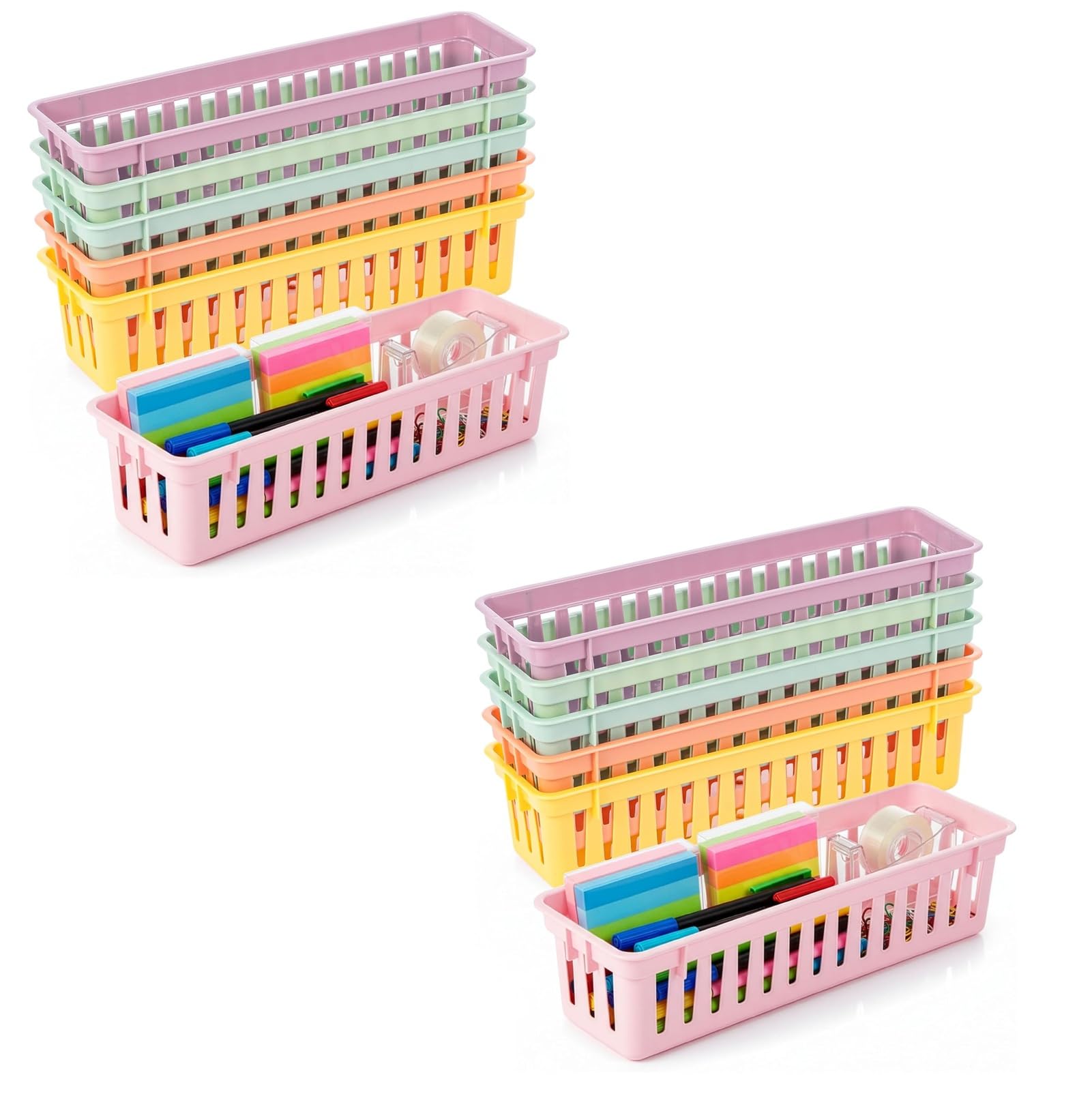 Sunnynest 12 Pcs 6Pcs Classroom Pencil Basket 25.5X7.5x6cm Stationery Storage Baskets Plastic Pen Holders In 6 Colours Coloured Classroom Organiser Basket For Teachers, Students, Homeschool (12 Pcs)
