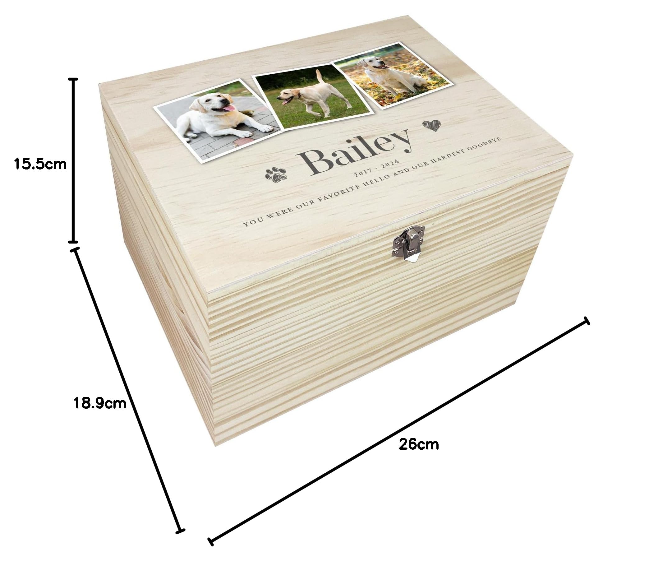 Caja de recuerdo de madera personalizada con tres fotos | Nombre, fechas y versículo personalizables | Regalo para recuerdo de perros o gatos | Madera de pino con bisagras de metal y cierre | 26 x 19