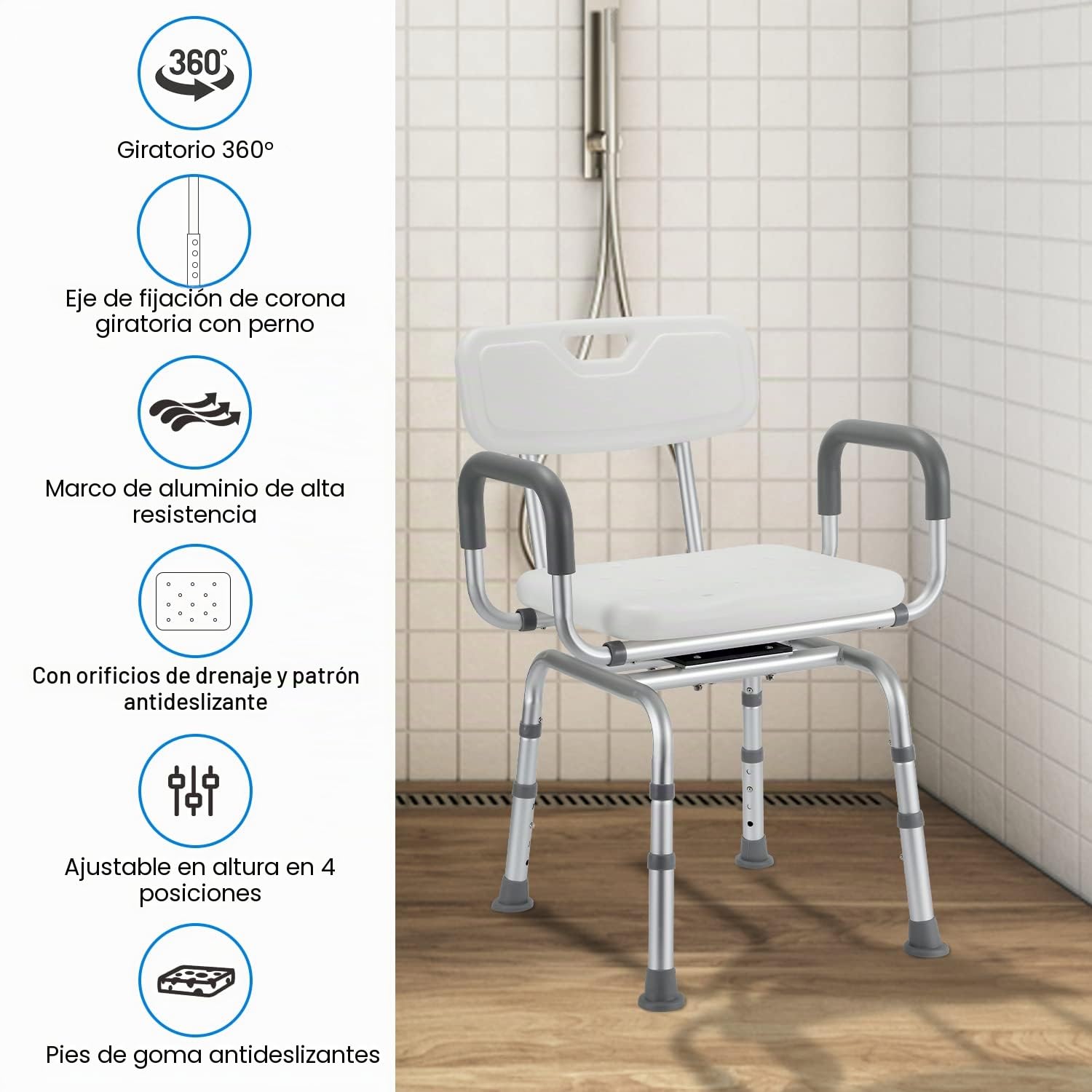 Silla de ducha con reposabrazos y respaldo, 200 kg, ajustable en altura, 70-78 cm, giratoria 360 grados, para discapacitados, ancianos y embarazadas, modelo B