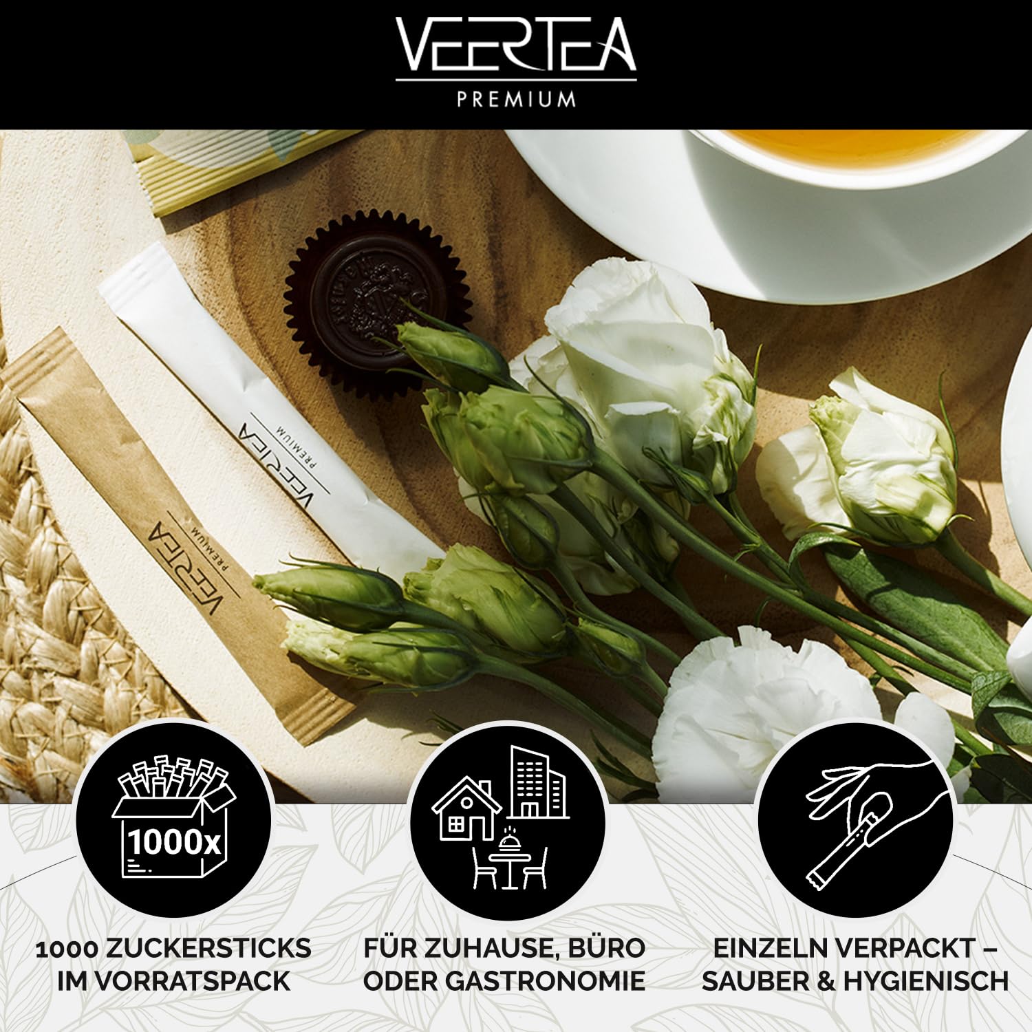 Veertea - Zuckersticks - Weißer Zucker - 1000 Sticks Großpackung - Portionszucker für Kaffee und Tee - Praktisch Einzeln Verpackt - für Zuhause, Büro und Gastronomie