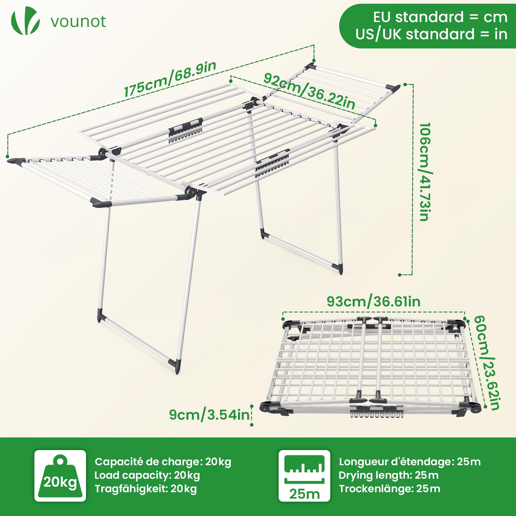 VOUNOT Wäscheständer Klappbar, Stabil Flügelwäscheständer mit Wäscheklammern, Platzsparender Standtrockner, Trockenlänge 25 m, für drinnen & draußen, 175 x 92 x 106 cm, Weiß