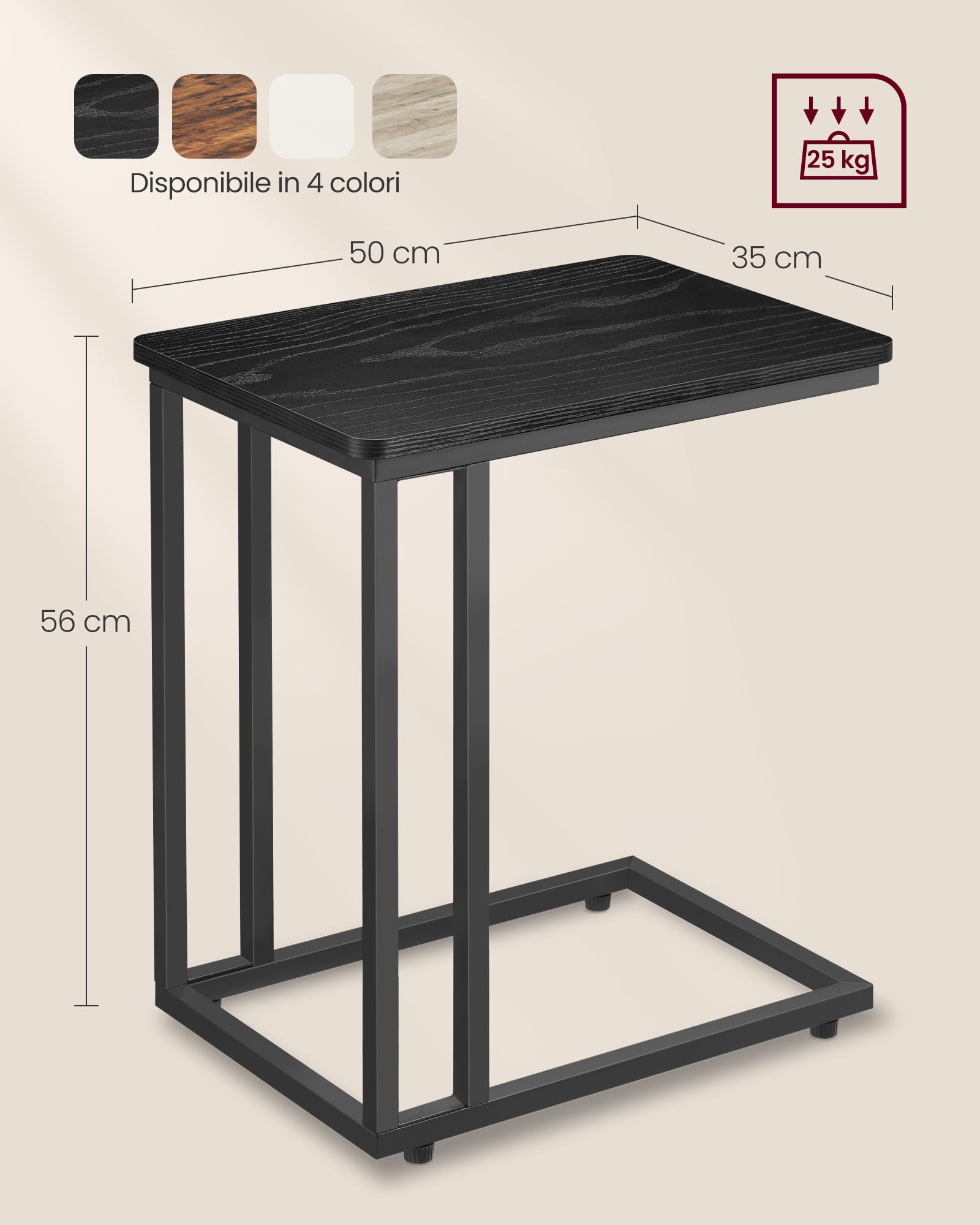 VASAGLE Tavolino da Letto con Ruote, Tavolino Mobile da Salotto, Comodino, Carrello, Soggiorno Camera da Letto, Struttura in Acciaio, Montaggio Facile, Nero Ebano LNT050B56