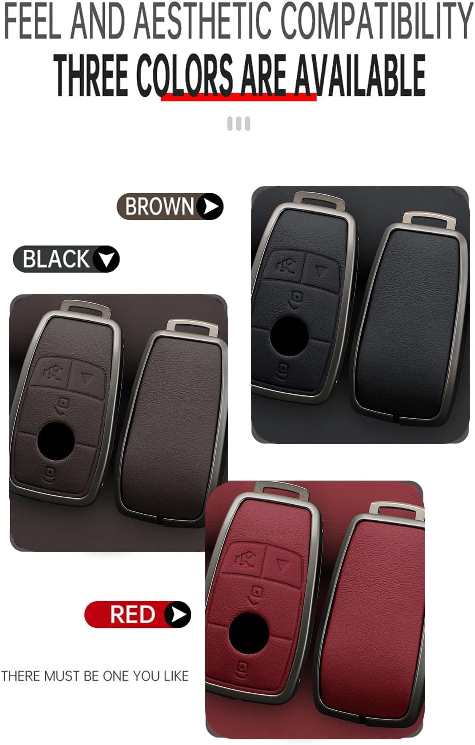 HIBEYO 4 Button Key Fob Cover Compatible with Mercedes Benz GLA GLE GLB GLS GLC CLA CLS C300 AMG A E S G Class Key Leather & Alloy Key Cover Accessories with Keychains-A Keychain Red