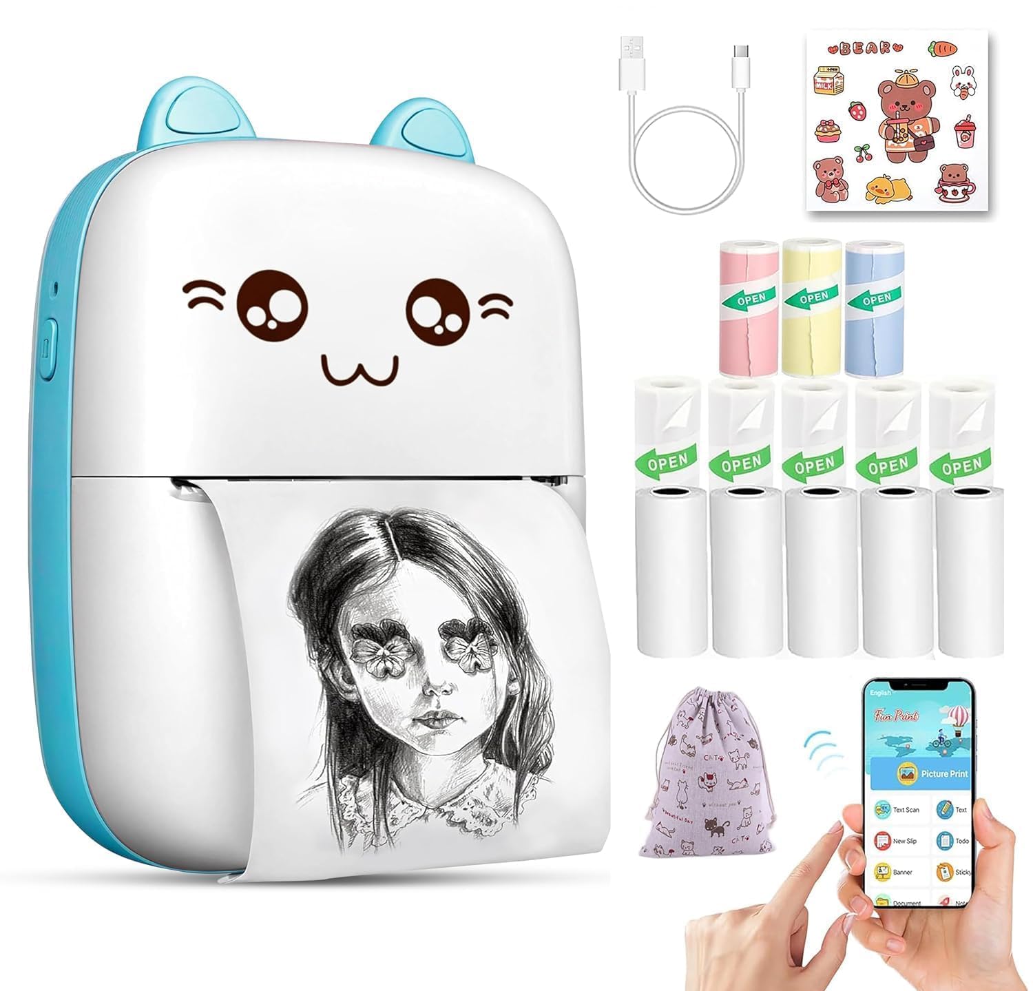 Mini Bluetooth Thermal Printer, Portable Label Printer Inkfree Printer for Android & iOS System, Black on White Thermal Printer with Roll of Print Paper, Stickers, (Style 1)