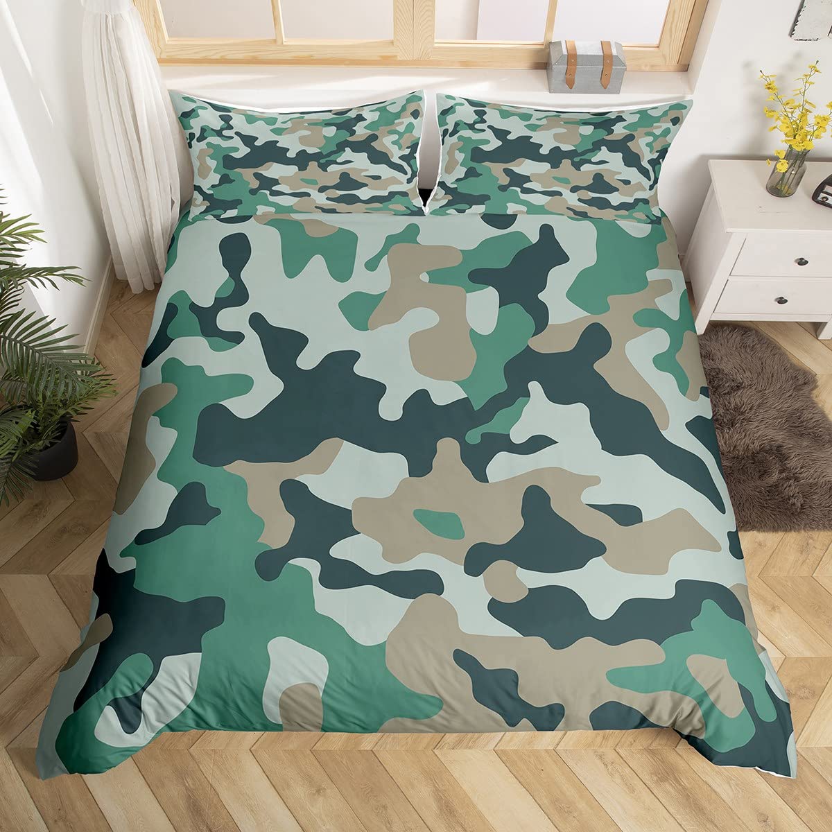 Manfei Boys Camo 06 Camouflage Duvet Cover Set King Size, Green Brown Black Camo Comforter Cover With 2 Pillowcases, Modern Army Camo Bedding Set 3Pcs For Kids Teens Room Decor, Lightweight Bedspread Cover