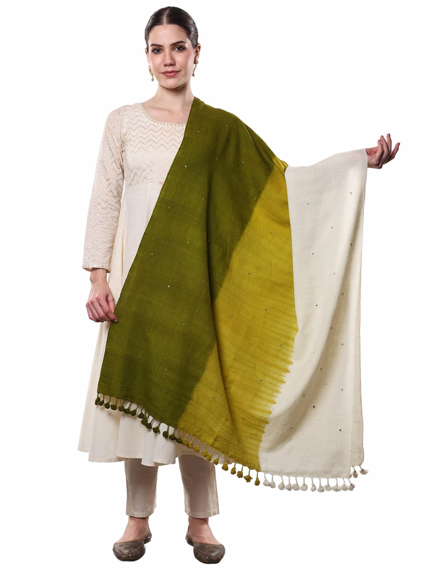 Traditional Woolen Shawl Gradient Tie-Dye Pashmina with Mirror-Work Scarf, Boho Style Wrap for Women's-image-10