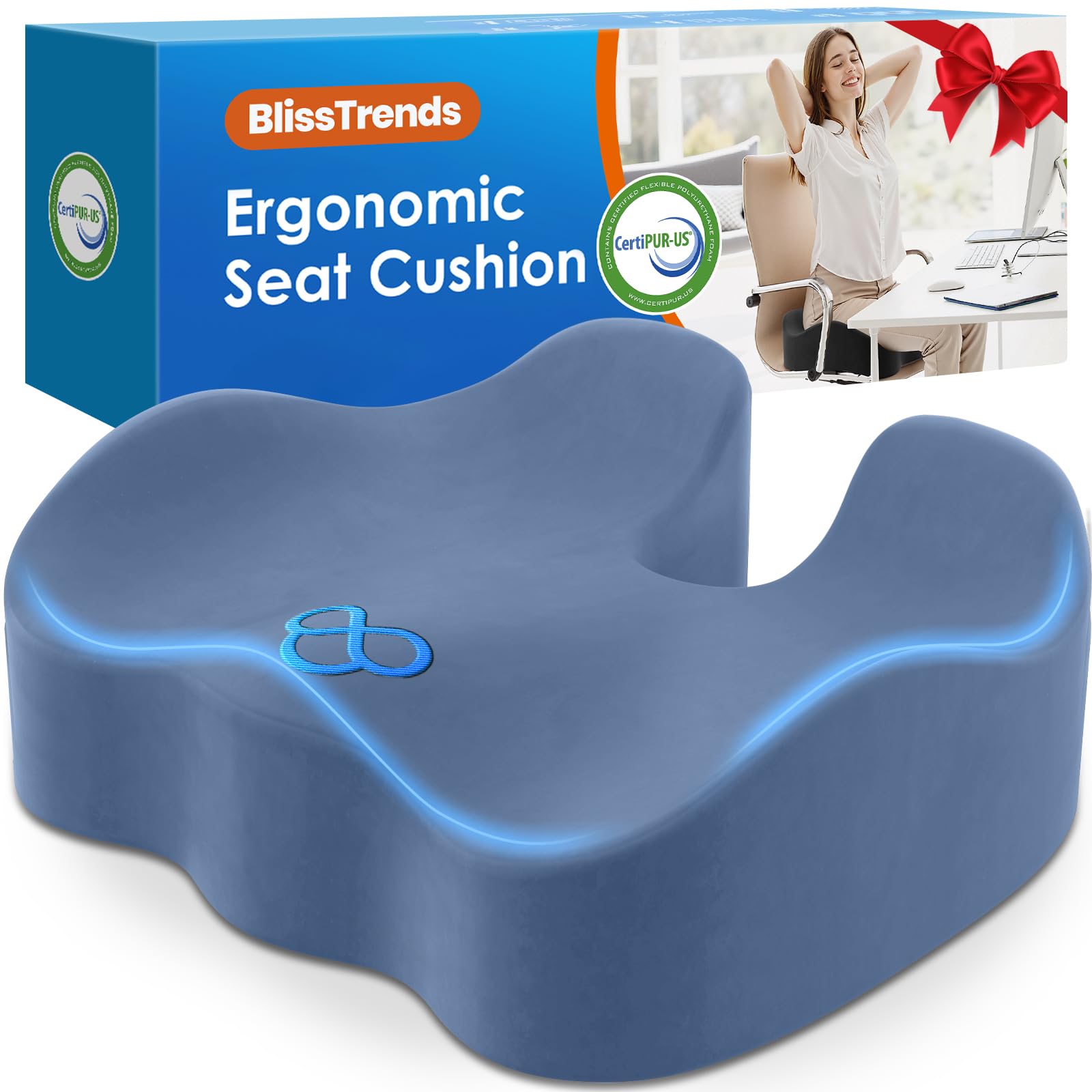 BlissTrends Seat Cushion,5.2in Thick Memory Foam Cushions for Office Chair, Car Seat, Airplane, Relieving Pressure Tailbone Sciatica Back Pain for Long Sitting Office Workers, Car Drivers LightBlue Light Blue X-Large