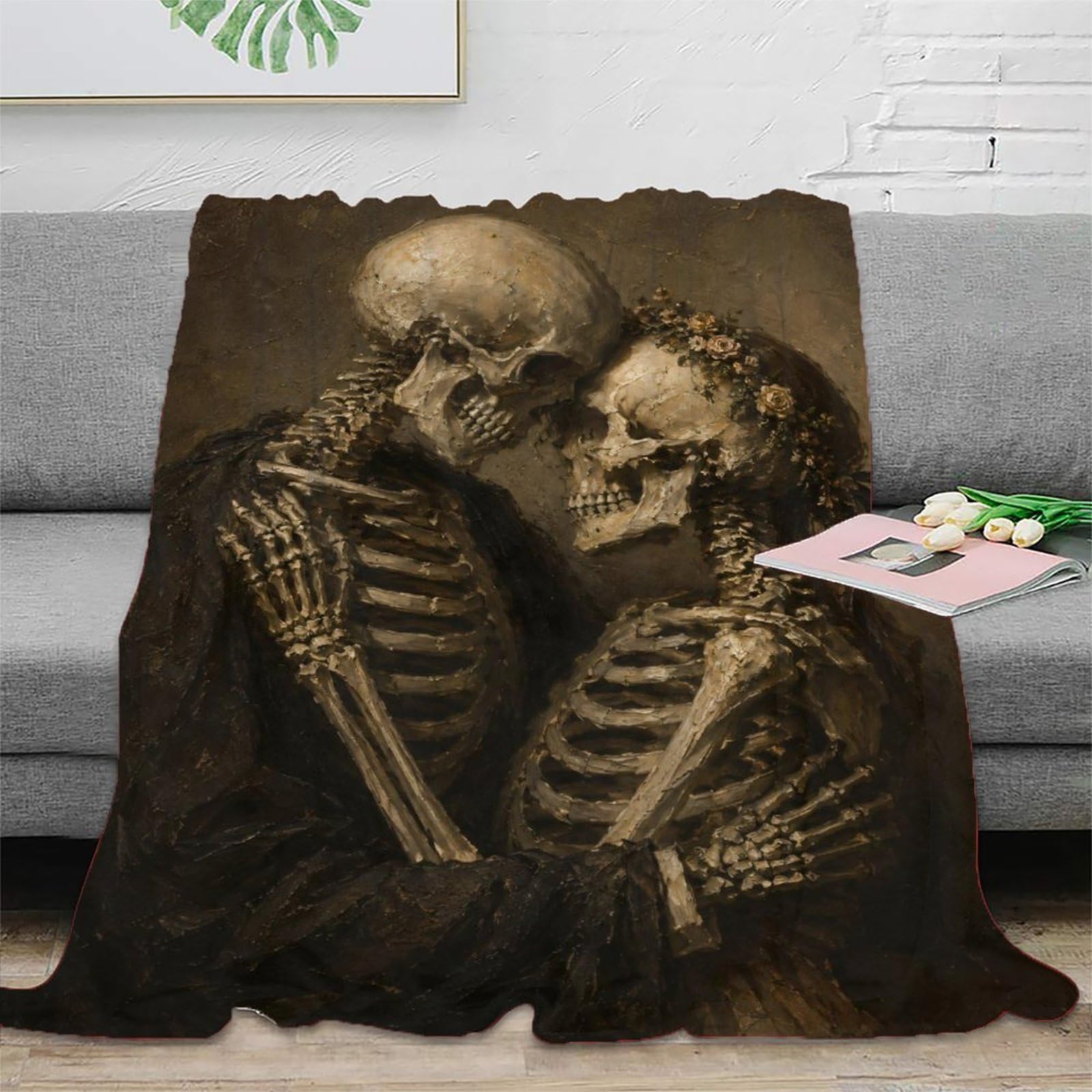 W7C8U2X3 Sepia Skeleton Couple Throw Blanket, Flannel, Moonlit Horror Print