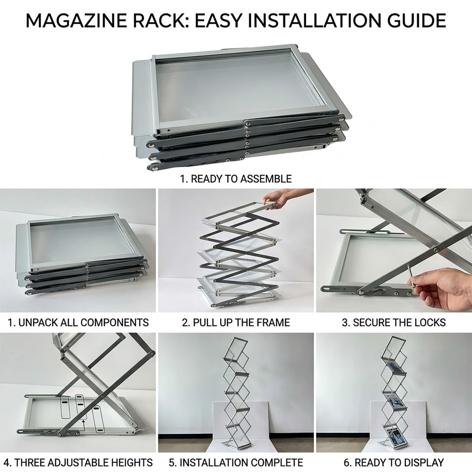 Bodenzeitschriftenständer, Prospektständer, robuster Metall-Literaturständer, mehrstufiger klappbarer Zeitschriftenständer für Zuhause, Büro, Café(Silver,10.6x13.7x57in)