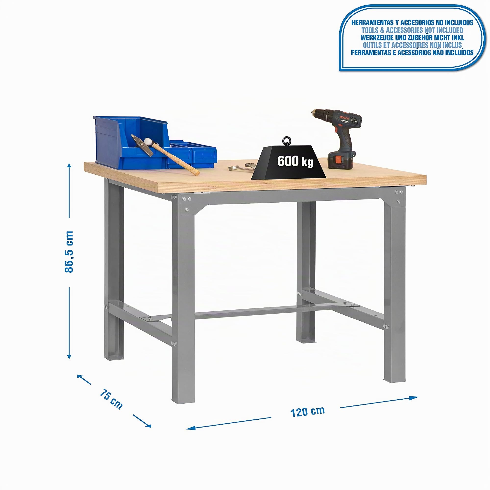 Simon Rack Mesa de Trabajo Taller 1200x750 mm - BT6 | Tablero MDF 35 mm, Pintura anticorrosión, Capacidad Carga 600 kg, Gris