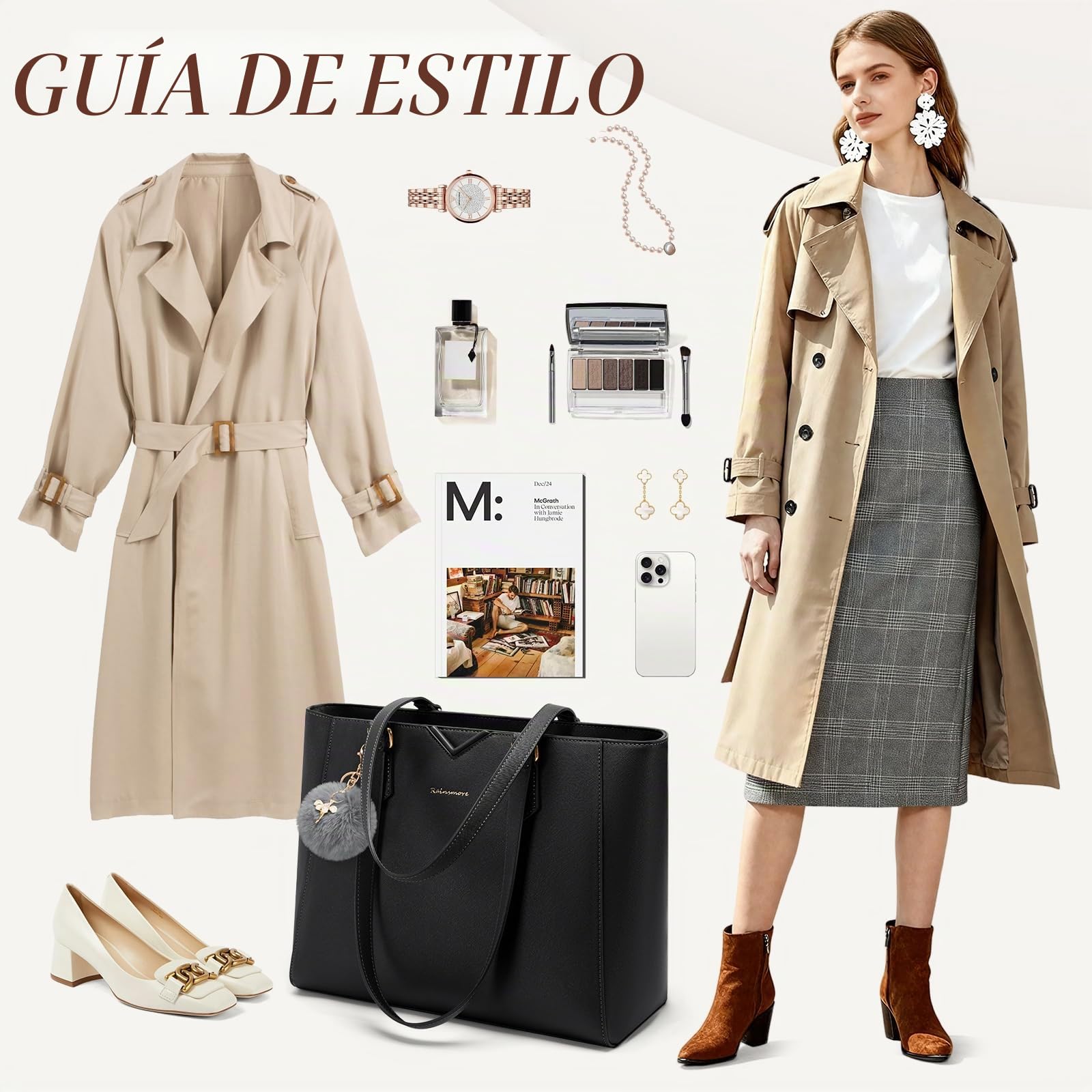 RAINSMORE Bolso Mujer Grande Bolso Universidad Impermeable Bolsos Shopper Tote Mujer para Portátil Cuero PU con Pompon Extraíble para Trabajo Escuela Viajes