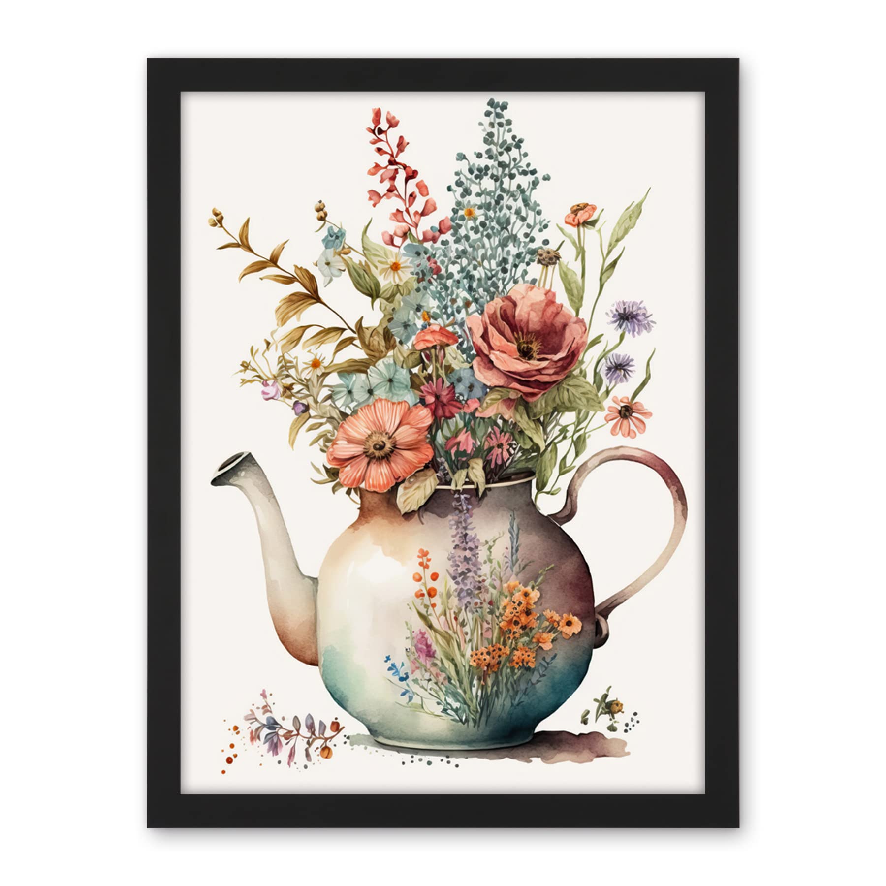 Artery8 Flower Bouquet in a Floral Design Ceramic Teapot Artwork Framed Wall Art Print 18X24 Inch