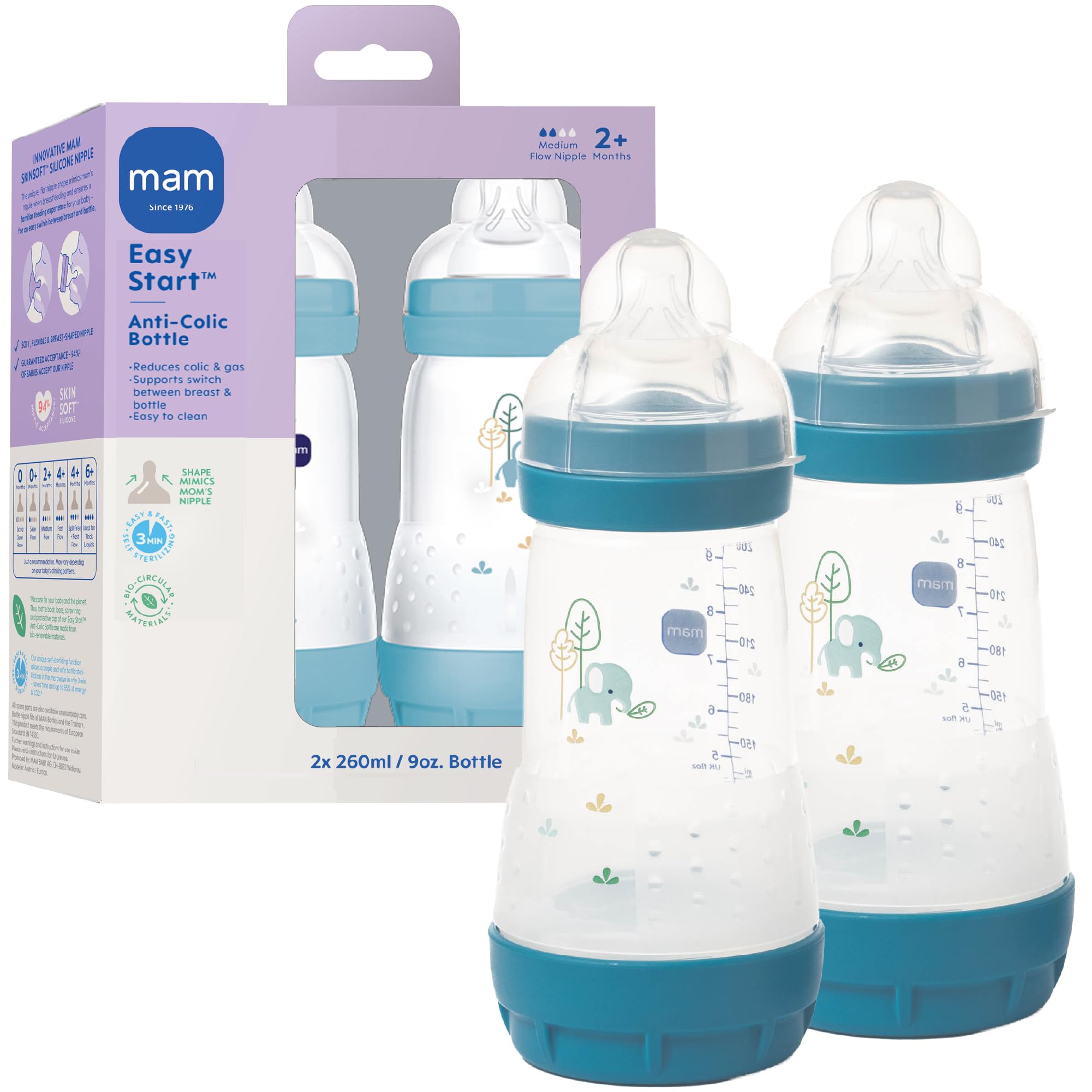 Easy Start Matte Anti-Colic Baby Bottles, Medium Flow, Baby Boy, 9 oz (2 Count)