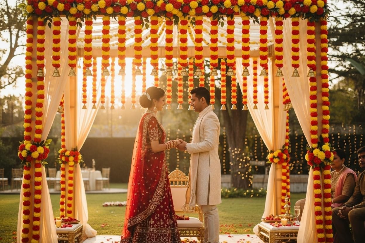 iHandikart Marigold Garland Artificial Fluffy Flower with Bell in The Bottom Used for Festival Decoration|Office Home Diwali Decoration, Colour Yellow & Dark Orange, Pack of 50 (31578)