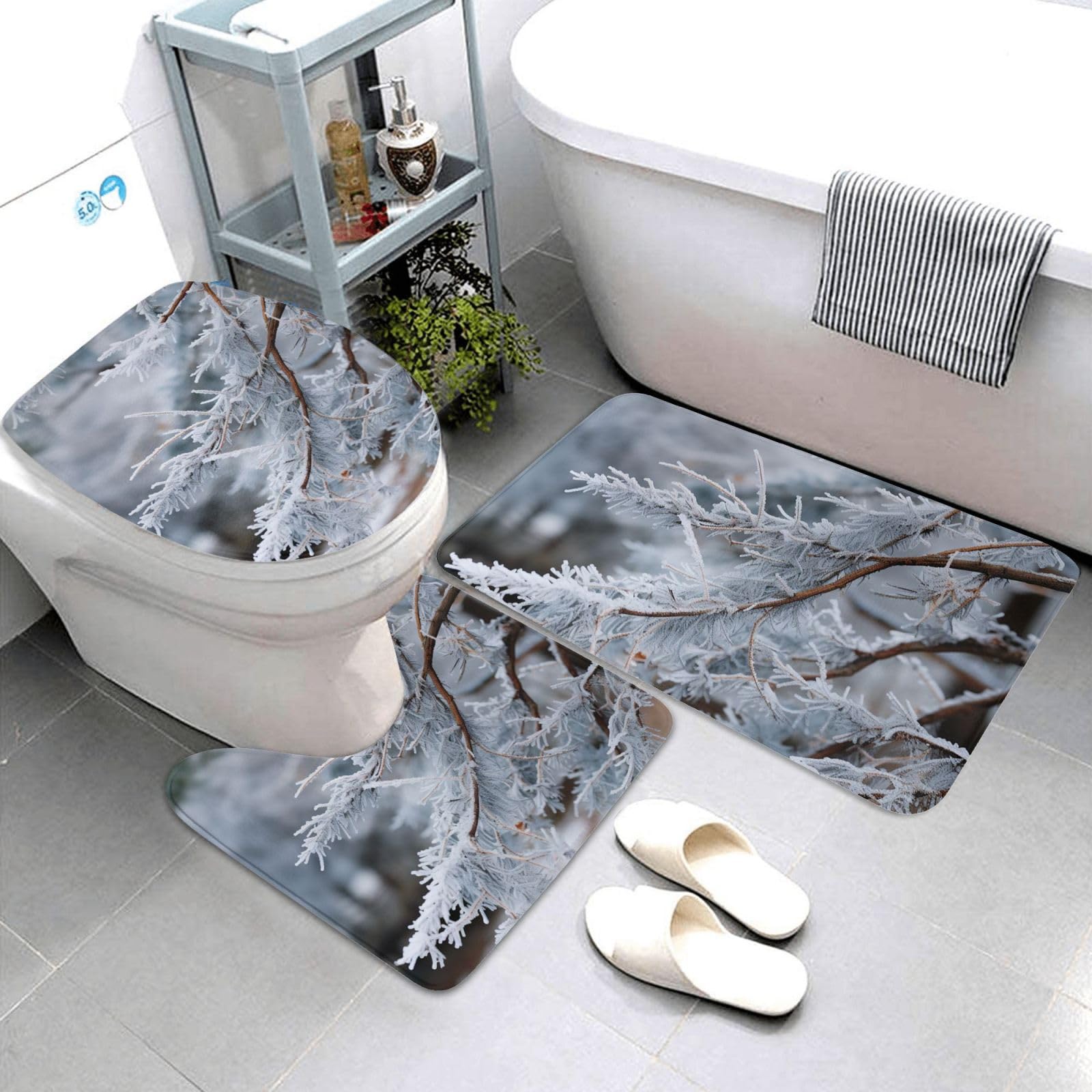 Set di 3 tappetini da bagno con motivo ramo coperto di neve, in flanella, morbido, antiscivolo, con coperchio, per decorare la casa