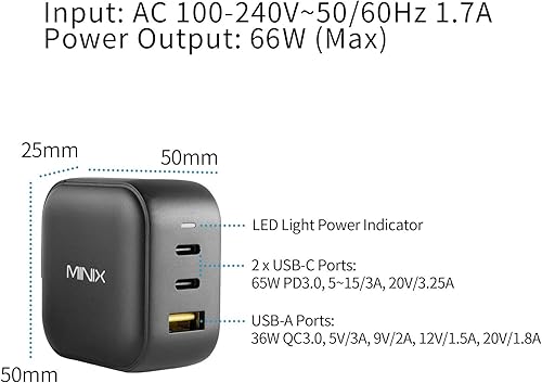 Miniatura 4 de MINIX NEO P1 66W Turbo 3-Port GaN Cargador de pared 2 x adaptador de carga USB-C, 1 carga USB-A 3.0, paquete con enchufe AU. Compatible con MacBook