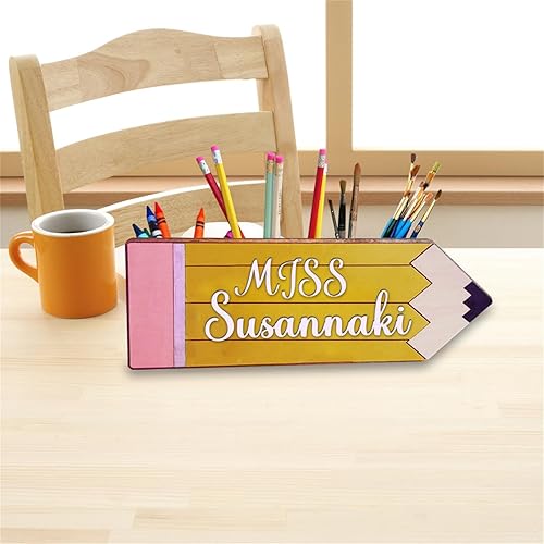 Miniatura 5 de Soporte de bolígrafo personalizado para escritorio, lindo soporte de madera para lápices para profesores, organizador de escritorio de regreso a