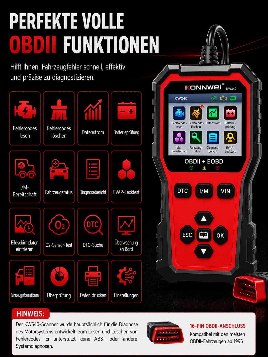 OBD2 Diagnosegerät Auto, KFZ Fehlerauslesegerät mit Batterietester Funktion