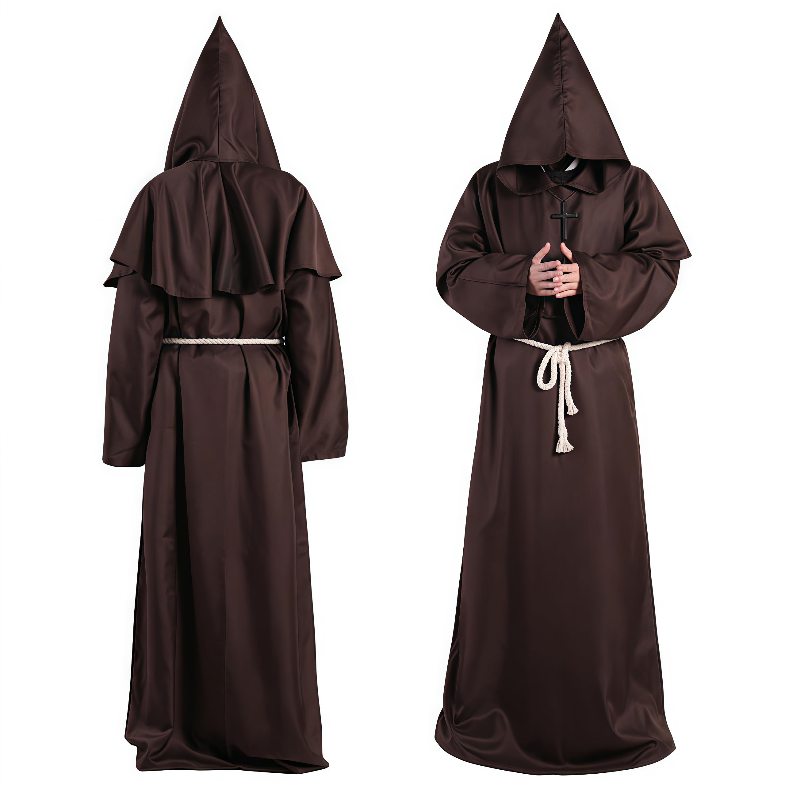 YUPDFGB Monk Costume Adult Mens Costume, Monk Robe Medieval Cloak with Large Hood Cape Rope Belt and Cross Necklace